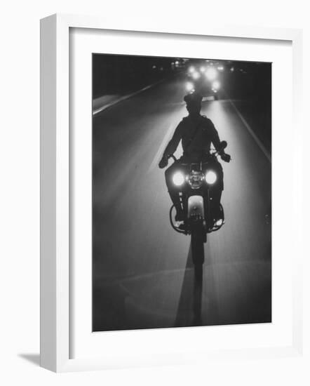 Police Motorcycle Leading Adlai E. Stevenson's Motorcade During His Campaign Tour-null-Framed Photographic Print