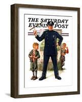 "Policeman and Boy with Slingshot," Saturday Evening Post Cover, March 15, 1930-Frederic Stanley-Framed Giclee Print