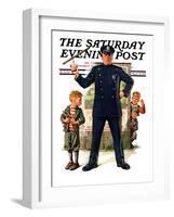 "Policeman and Boy with Slingshot," Saturday Evening Post Cover, March 15, 1930-Frederic Stanley-Framed Giclee Print