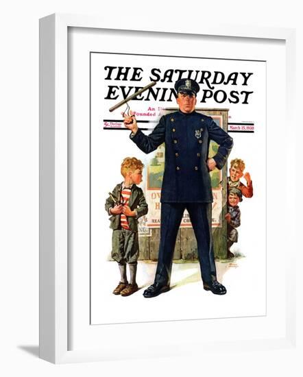 "Policeman and Boy with Slingshot," Saturday Evening Post Cover, March 15, 1930-Frederic Stanley-Framed Giclee Print