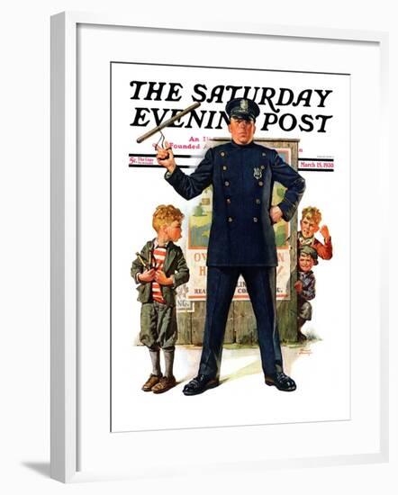 "Policeman and Boy with Slingshot," Saturday Evening Post Cover, March 15, 1930-Frederic Stanley-Framed Giclee Print