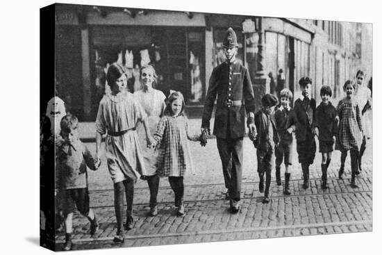 Policeman Helping Schoolchildren across the Road, East End, London, 1926-1927-null-Stretched Canvas