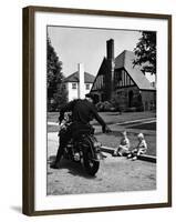 Policeman on Motorcycle Chatting with Toddler Boys Sitting on Curb-Alfred Eisenstaedt-Framed Photographic Print