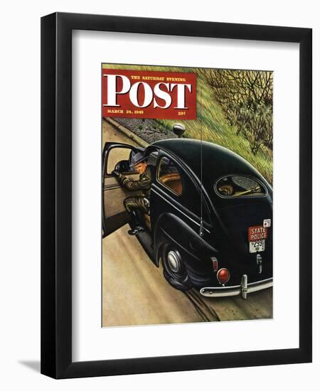 "Policeman with Flat Tire," Saturday Evening Post Cover, March 24, 1945-Stevan Dohanos-Framed Giclee Print