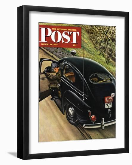 "Policeman with Flat Tire," Saturday Evening Post Cover, March 24, 1945-Stevan Dohanos-Framed Giclee Print