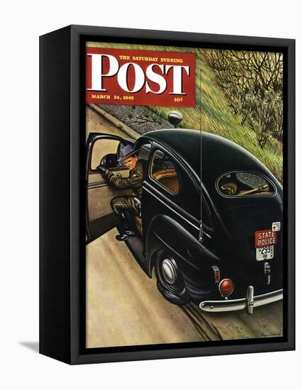 "Policeman with Flat Tire," Saturday Evening Post Cover, March 24, 1945-Stevan Dohanos-Framed Stretched Canvas