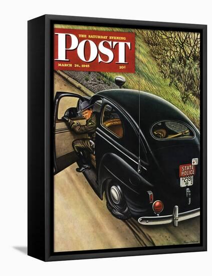 "Policeman with Flat Tire," Saturday Evening Post Cover, March 24, 1945-Stevan Dohanos-Framed Stretched Canvas