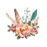 Watercolor Vintage Floral Bouquets. Boho Spring Flowers and Feathers Isolated on White Background.-Polina Valentina-Stretched Canvas