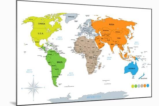 Political World Map on White Background, with Every State Labeled and Selectable. Colored by Contin-Ivsanmas-Mounted Art Print