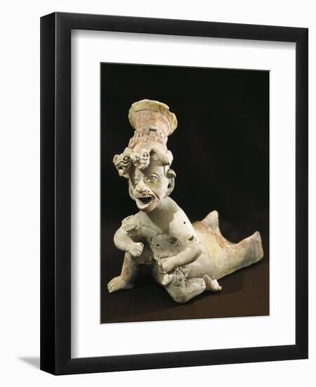 Polychrome Terracotta Statue Depicting Dancing Priest Wearing Headdress from Bahia De Caraquez-null-Framed Premium Giclee Print