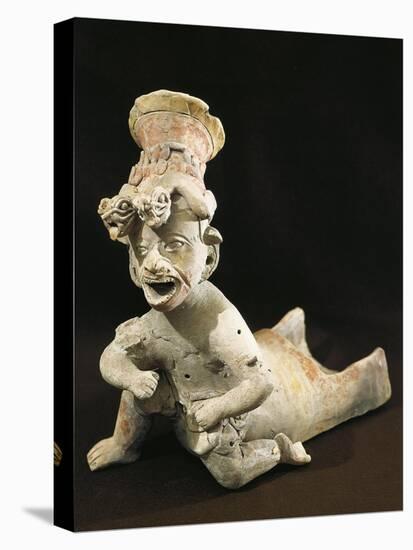 Polychrome Terracotta Statue Depicting Dancing Priest Wearing Headdress from Bahia De Caraquez-null-Stretched Canvas