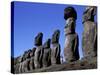 Polynesian Girl with Huge Moai, Ahu Tongariki, Easter Island, Chile-Keren Su-Stretched Canvas