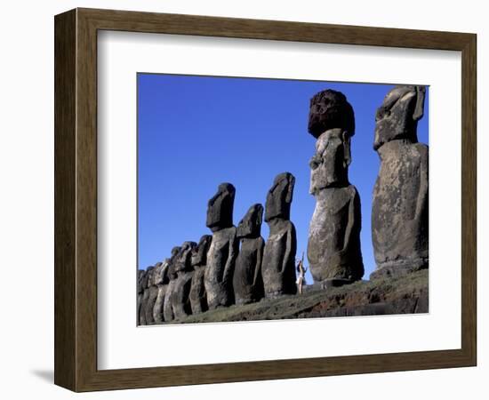 Polynesian Girl with Huge Moai, Ahu Tongariki, Easter Island, Chile-Keren Su-Framed Photographic Print