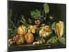 Pomegranates, Melons, Grapes, Peaches, Figs and Other Fruits on a Stone Ledge-null-Mounted Giclee Print