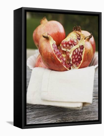 Pomegranates, Whole and Halved, on Cloth in White Bowl-null-Framed Stretched Canvas