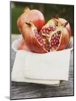 Pomegranates, Whole and Halved, on Cloth in White Bowl-null-Mounted Photographic Print