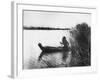 Pomo Indian Poling His Boat Made of Tule Rushes Through Shallows of Clear Lake, Northen California-Edward S^ Curtis-Framed Photographic Print