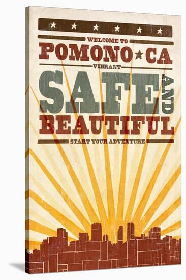 Pomona, California - Skyline and Sunburst Screenprint Style-Lantern Press-Stretched Canvas