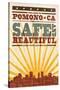 Pomona, California - Skyline and Sunburst Screenprint Style-Lantern Press-Stretched Canvas