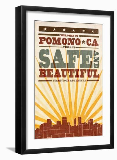 Pomona, California - Skyline and Sunburst Screenprint Style-Lantern Press-Framed Art Print