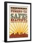Pomona, California - Skyline and Sunburst Screenprint Style-Lantern Press-Framed Art Print