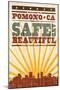 Pomona, California - Skyline and Sunburst Screenprint Style-Lantern Press-Mounted Art Print