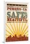 Pomona, California - Skyline and Sunburst Screenprint Style-Lantern Press-Framed Art Print