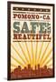 Pomona, California - Skyline and Sunburst Screenprint Style-Lantern Press-Framed Art Print