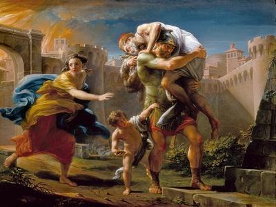 Aeneas and his family running away from the city of Troy