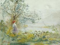 A Peasant Girl and Ducks in a Wooded Lake Landscape-Pompeo Mariani-Giclee Print