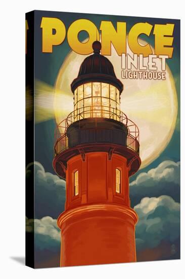 Ponce De Leon Inlet, Florida - Lighthouse and Moon-Lantern Press-Stretched Canvas