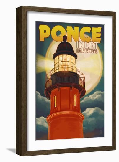Ponce De Leon Inlet, Florida - Lighthouse and Moon-Lantern Press-Framed Art Print