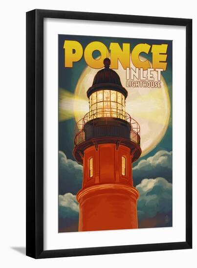 Ponce De Leon Inlet, Florida - Lighthouse and Moon-Lantern Press-Framed Art Print