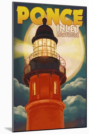 Ponce De Leon Inlet, Florida - Lighthouse and Moon-Lantern Press-Mounted Art Print