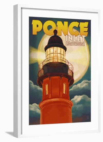 Ponce De Leon Inlet, Florida - Lighthouse and Moon-Lantern Press-Framed Art Print