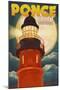 Ponce De Leon Inlet, Florida - Lighthouse and Moon-Lantern Press-Mounted Art Print