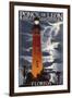 Ponce De Leon Inlet Lighthouse, Florida - Lightning at Night-Lantern Press-Framed Art Print