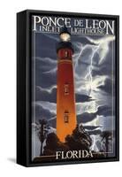 Ponce De Leon Inlet Lighthouse, Florida - Lightning at Night-Lantern Press-Framed Stretched Canvas