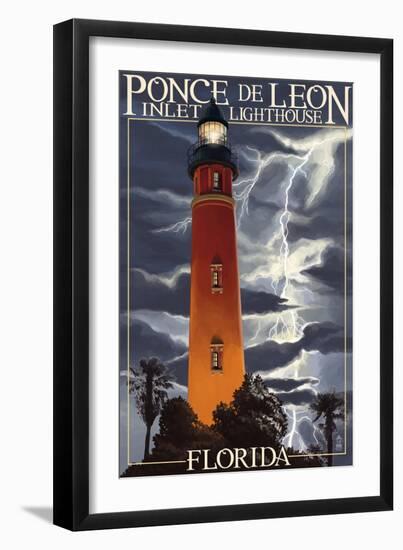 Ponce De Leon Inlet Lighthouse, Florida - Lightning at Night-Lantern Press-Framed Art Print