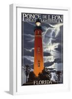 Ponce De Leon Inlet Lighthouse, Florida - Lightning at Night-Lantern Press-Framed Art Print