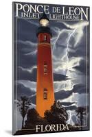 Ponce De Leon Inlet Lighthouse, Florida - Lightning at Night-Lantern Press-Mounted Art Print