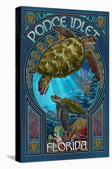 Ponce Inlet, Florida - Sea Turtle Art Nouveau-Lantern Press-Stretched Canvas