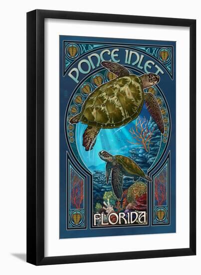 Ponce Inlet, Florida - Sea Turtle Art Nouveau-Lantern Press-Framed Art Print