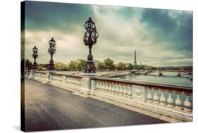 Pont Alexandre III Bridge in Paris, France. Seine River and Eiffel Tower. Vintage-Michal Bednarek-Stretched Canvas
