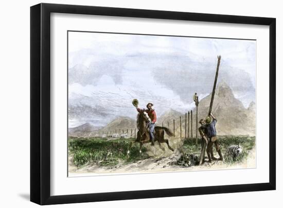 Pony Express Rider Passing Workers Raising Telegraph Poles, 1860s-null-Framed Giclee Print
