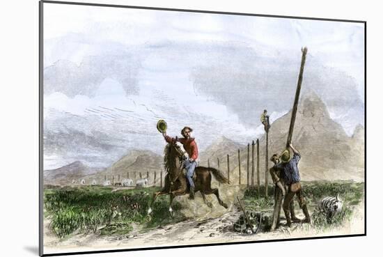 Pony Express Rider Passing Workers Raising Telegraph Poles, 1860s-null-Mounted Giclee Print