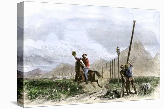 Pony Express Rider Passing Workers Raising Telegraph Poles, 1860s-null-Stretched Canvas