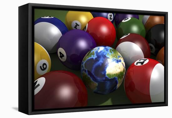 Pool Table with Balls and One of Them as Planet Earth-null-Framed Stretched Canvas