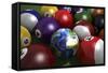 Pool Table with Balls and One of Them as Planet Earth-null-Framed Stretched Canvas