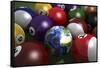 Pool Table with Balls and One of Them as Planet Earth-null-Framed Stretched Canvas